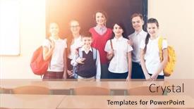  Presentation with school children - Slide set featuring children-with-teacher-in-classroom background and a coral colored foreground