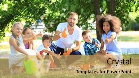  Presentation with dance teacher and children - Colorful PPT theme enhanced with children with teacher planting sapling backdrop and a coral colored foreground