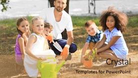  Presentation with teacher - Slide deck featuring children with teacher planting sapling background and a coral colored foreground