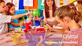  Presentation with children painting - Presentation theme with children with teacher woman painting background and a coral colored foreground