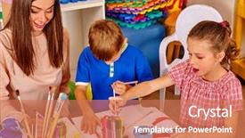  Presentation with children painting - Amazing PPT theme having children with teacher woman painting backdrop and a coral colored foreground