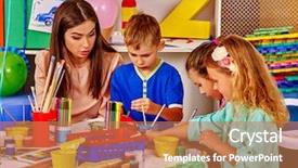  Presentation with children painting - Colorful slide set enhanced with children with teacher woman painting on paper at table in kindergarten children with teacher make overall project backdrop and a coral colored foreground