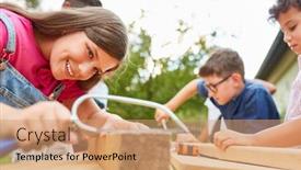  Presentation with craftsman - Amazing PPT layouts having children-work-and-do-handicrafts backdrop and a coral colored foreground