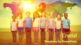  Presentation with blue green - Slide set having children world - cute pupils smiling at camera background and a crimson colored foreground