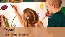  Presentation with children painting - Presentation theme featuring children's art exhibition background and a coral colored foreground