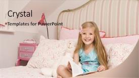  Presentation with child girl reading a book - PPT layouts featuring childrens books - young girl sitting on bed background and a soft green colored foreground