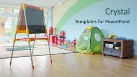  Presentation with childrens drawing - Colorful slide deck enhanced with childrens drawing - games room in the kindergarten backdrop and a light blue colored foreground