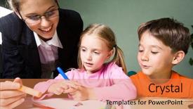  Presentation with teacher negotiations - PPT theme enhanced with childrens drawing - image of smiling teacher holding background and a coral colored foreground
