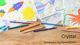  Presentation with children - Beautiful theme featuring children's drawings on wooden background backdrop and a coral colored foreground