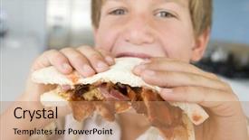  Presentation with childrens - PPT layouts consisting of childrens eaten - boy eating bacon sandwich background and a  colored foreground