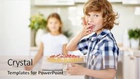  Presentation with childrens birthday party - Slides consisting of childrens eaten - boy tasting from fruit cake background and a  colored foreground