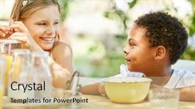  Presentation with childrens - PPT theme enhanced with childrens eaten - smiling girl and african boy background and a  colored foreground