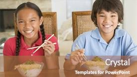  Presentation with chinese food - Colorful theme enhanced with childrens eaten - two young children eating chinese backdrop and a coral colored foreground