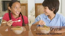  Presentation with young children - PPT theme having childrens eaten - two young children eating chinese background and a coral colored foreground