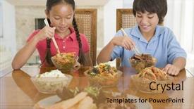  Presentation with chinese food - Slides featuring childrens eaten - two young children eating chinese background and a coral colored foreground
