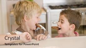  Presentation with nurse boys - Audience pleasing PPT theme consisting of childrens eaten - young boys eating biscuits backdrop and a coral colored foreground