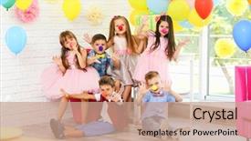  Presentation with children birthday - Colorful PPT layouts enhanced with children's funny birthday party backdrop and a coral colored foreground