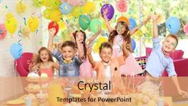 Presentation with children birthday - Cool new slide set with children's funny birthday party backdrop and a coral colored foreground