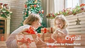  Presentation with merry christmas - Amazing slide deck having cute childrens girls opening gift backdrop and a coral colored foreground