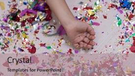  Presentation with confetti - Colorful presentation theme enhanced with children's hand with confetti backdrop and a coral colored foreground