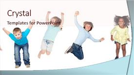  Presentation with childrens - Colorful slides enhanced with childrens jumping toguether isolated backdrop and a lemonade colored foreground
