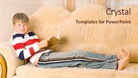  Presentation with book - Audience pleasing presentation theme consisting of childrens library - boy reads book on sofa backdrop and a lemonade colored foreground