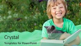  Presentation with child girl reading a book - Beautiful presentation theme featuring childrens magazines - boy reading book with kitten backdrop and a seafoam green colored foreground