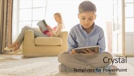  Presentation with using digital tablet - Cool new presentation theme with childrens magazines - boy using digital tablet backdrop and a coral colored foreground