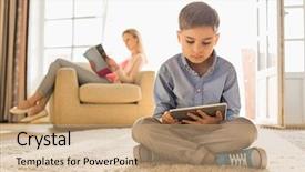 Presentation with using digital tablet - Theme enhanced with childrens magazines - boy using digital tablet background and a coral colored foreground