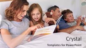  Presentation with family reading - Cool new PPT layouts with childrens magazines - caucasian family laying in bed backdrop and a  colored foreground