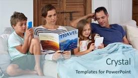  Presentation with mom kids - Slide set having childrens magazines - caucasian family relaxing at home background and a sky blue colored foreground