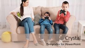  Presentation with video game - Cool new presentation theme with childrens magazines - cute little boys playing video backdrop and a coral colored foreground