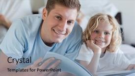  Presentation with father son and looking - Presentation theme consisting of childrens magazines - father and son looking background and a light blue colored foreground