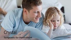  Presentation with father and son - Presentation theme enhanced with childrens magazines - father and son reading background and a light blue colored foreground