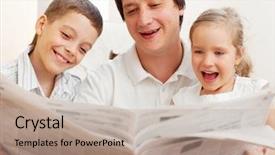  Presentation with family reading - Beautiful PPT layouts featuring childrens magazines - happy family reading a newspaper backdrop and a mint green colored foreground