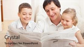  Presentation with family reading - Presentation theme featuring childrens magazines - happy family reading a newspaper background and a  colored foreground