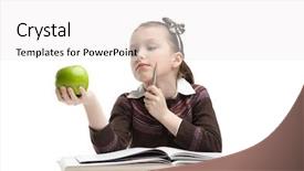  Presentation with green apple - Slide deck consisting of childrens magazines - little girl hesitates about eating background and a white colored foreground