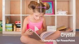  Presentation with child girl reading a book - PPT theme with adorable school age girl holding background and a  colored foreground.