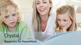  Presentation with children reading - Amazing slide set having childrens magazines - mother reading magazine together backdrop and a  colored foreground