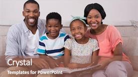  Presentation with family - Cool new presentation design with childrens magazines - portrait of smiling family holding backdrop and a  colored foreground