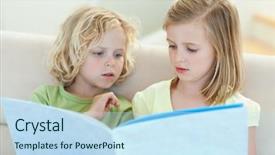  Presentation with english magazine - PPT theme with childrens magazines - siblings reading magazine together background and a sky blue colored foreground