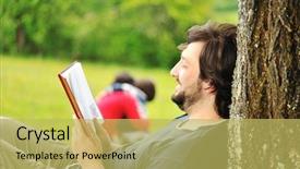  Presentation with young children playing - Colorful slides enhanced with childrens magazines - young relaxed father reading book backdrop and a yellow colored foreground