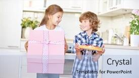  Presentation with childrens birthday party - PPT theme enhanced with childrens mother food - two happy kids at their background and a light blue colored foreground