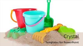  Presentation with children plush toy and dolls - Audience pleasing PPT theme consisting of children's toys on sand backdrop and a coral colored foreground