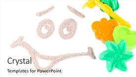  Presentation with children plush toy and dolls - Theme with children's toys on sand background and a  colored foreground