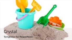  Presentation with sand play - Audience pleasing theme consisting of children's toys on sand backdrop and a coral colored foreground