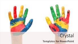  Presentation with paint - Beautiful presentation theme featuring child's hands in paint backdrop and a sky blue colored foreground