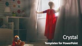  Presentation with child superhero - Colorful PPT theme enhanced with childs imagination - little child girl plays superhero backdrop and a dark gray colored foreground