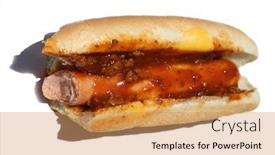  Presentation with white cheese - Beautiful PPT layouts featuring chili-cheese-hot-dog-half backdrop and a gold colored foreground