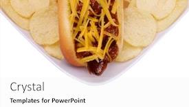  Presentation with potato chips - Slide set featuring chili cheese hot dog in bun on white plate with potato chips isolated on white background and a white colored foreground